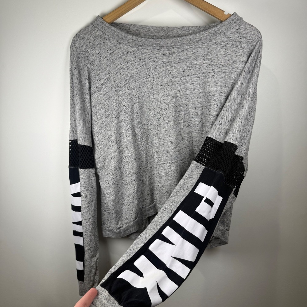 Victoria's Secret PINK Long Sleeve T-Shirt Women M Gray Mesh Logo Streetwear